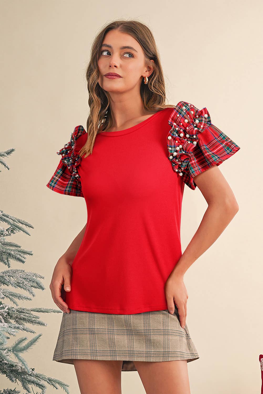 Plaid Pearl Ruffle Short Sleeve Blouse